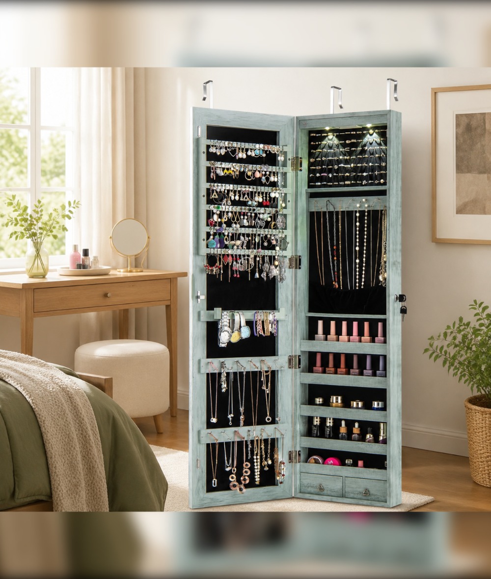 Full Length Mirror Jewelry Armoire - Wall or Door Mounted Jewelry Armoire