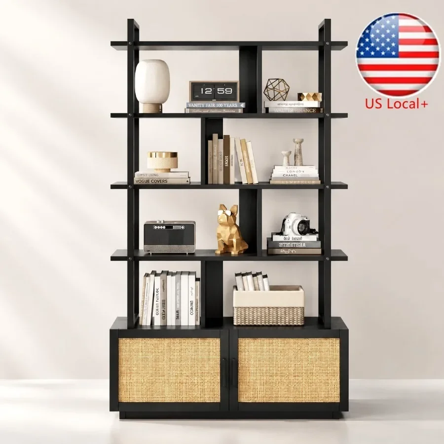 Storage - 5-Tier Rattan Bookshelf with Storage Cabinet