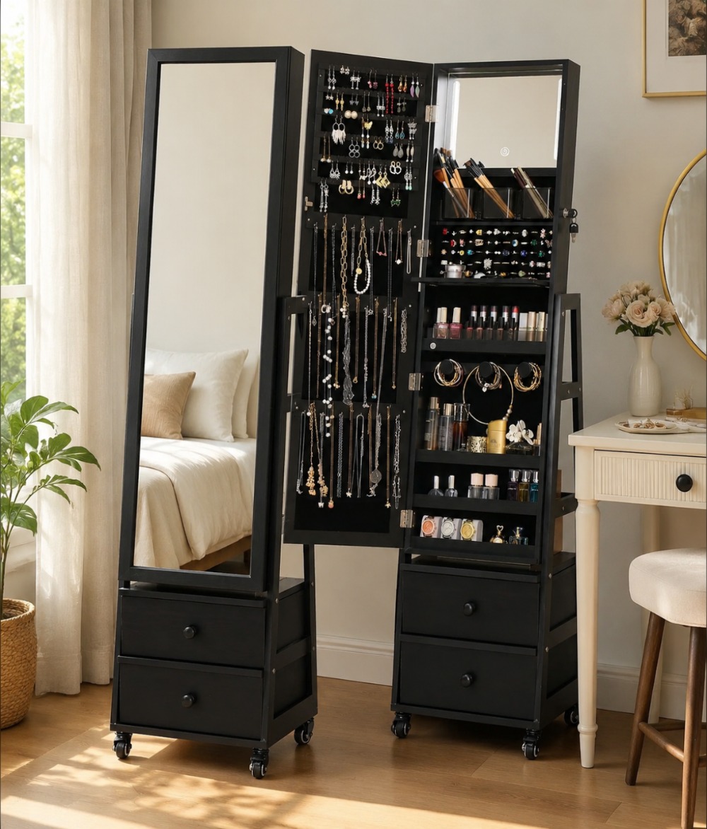 Full Length Mirror Jewelry Armoire - Lockable Standing Jewelry Armoire with Full