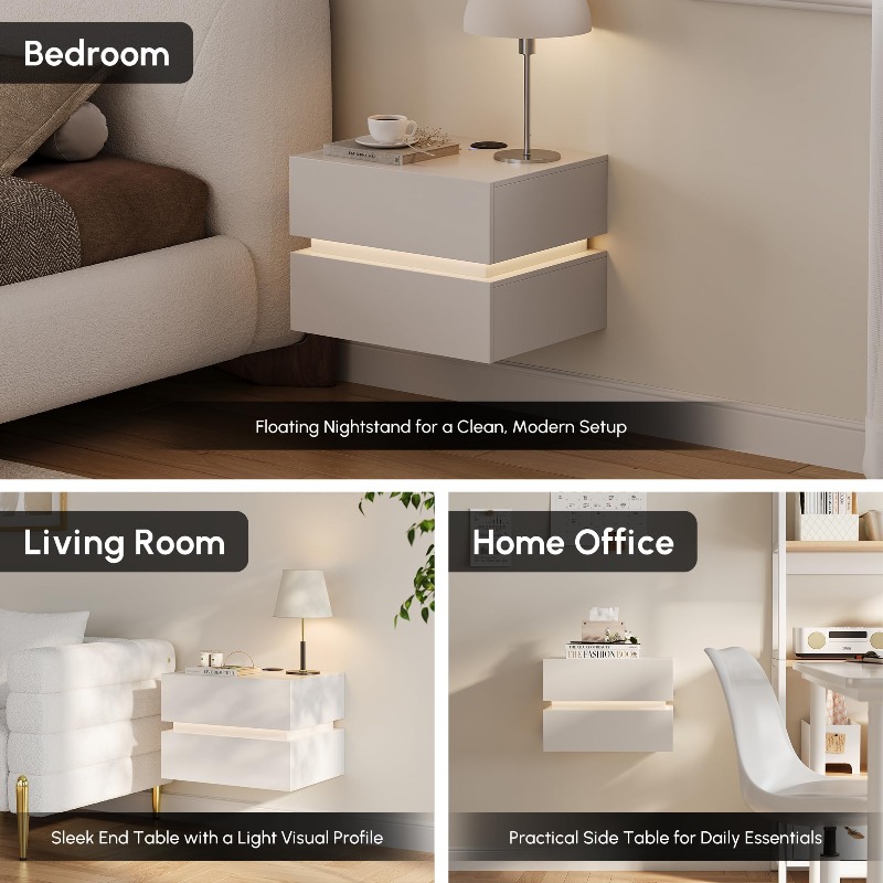 Set of 2 Floating Nightstands  - Floating Nightstand With Led Light recension och pris