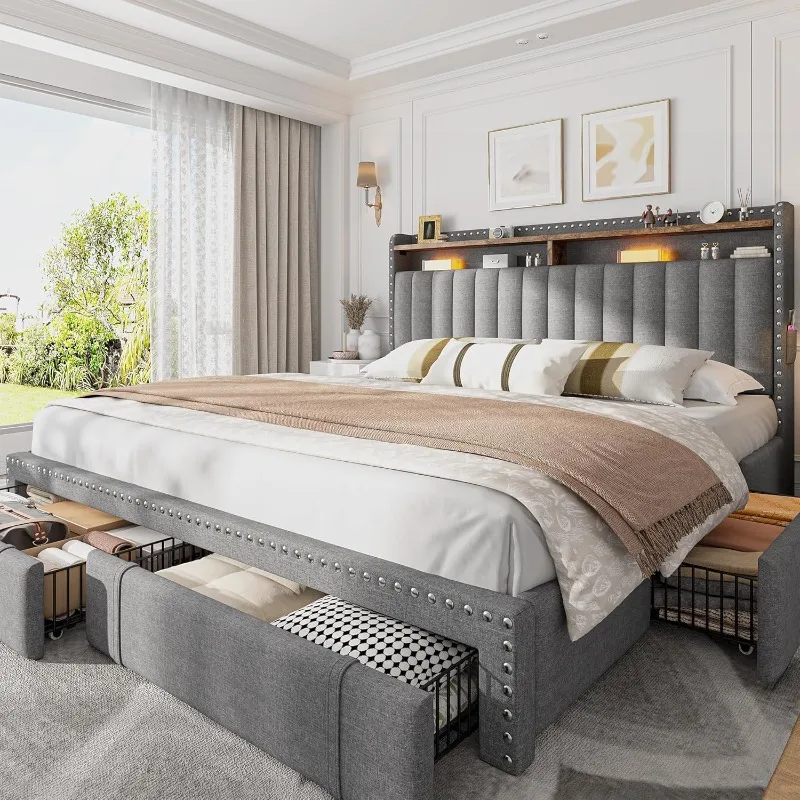 EnHomee Upholstered King Size  - King Size Bed Frame With Storage Drawers recension och pris