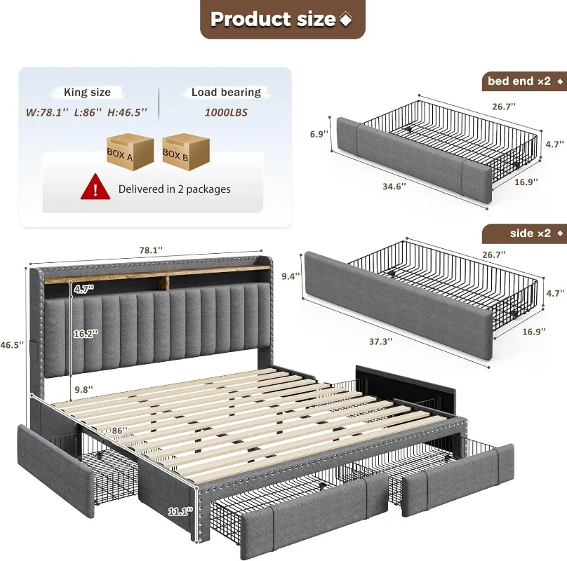 EnHomee Upholstered King Size  - King Size Bed Frame With Storage Drawers recension och pris