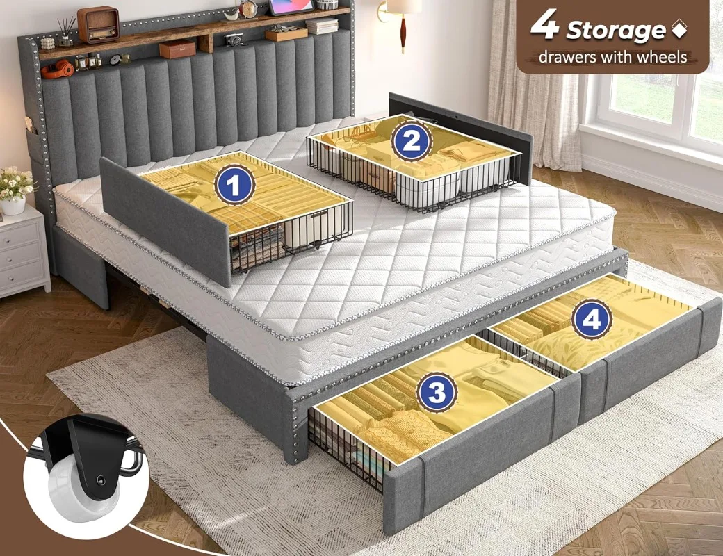 EnHomee Upholstered King Size  - King Size Bed Frame With Storage Drawers recension och pris