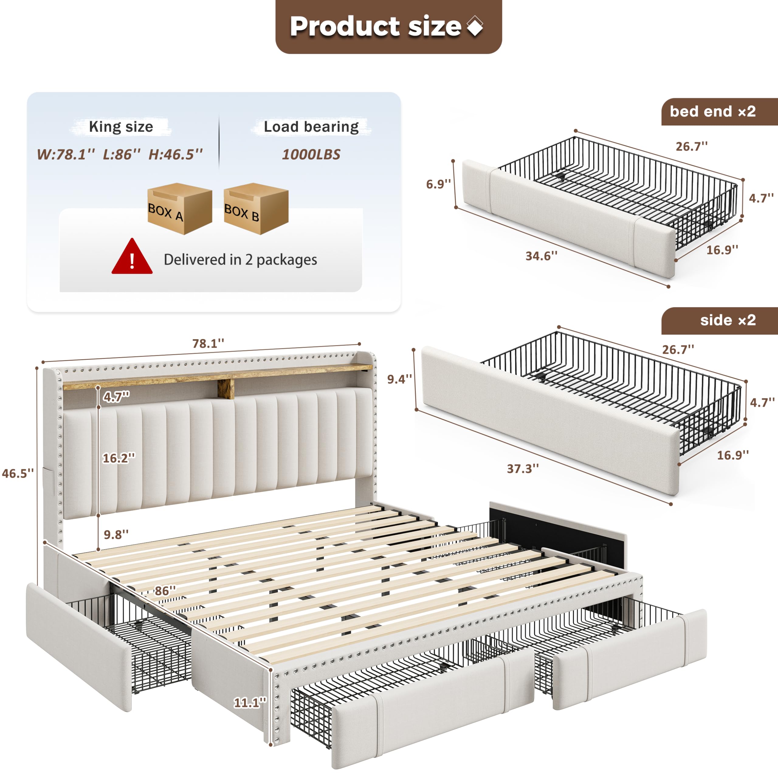King Size Bed Frame with 4 Sto - King Size Bed Frame With Storage Drawers recension och pris