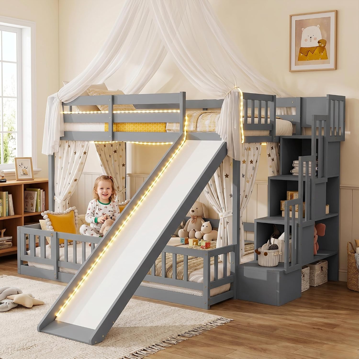 Twin Over Full Bunk Bed with S - Bunk Bed With Stairs And Slide recension och pris