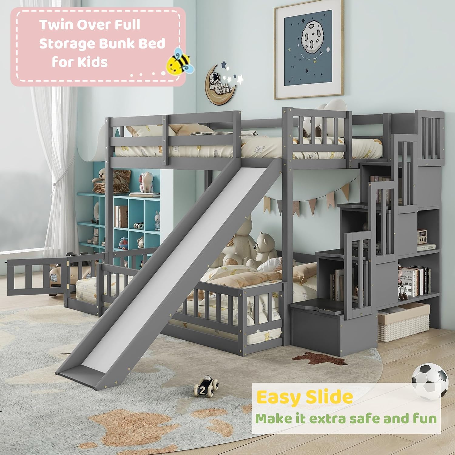 Twin Over Full Bunk Bed with S - Bunk Bed With Stairs And Slide recension och pris